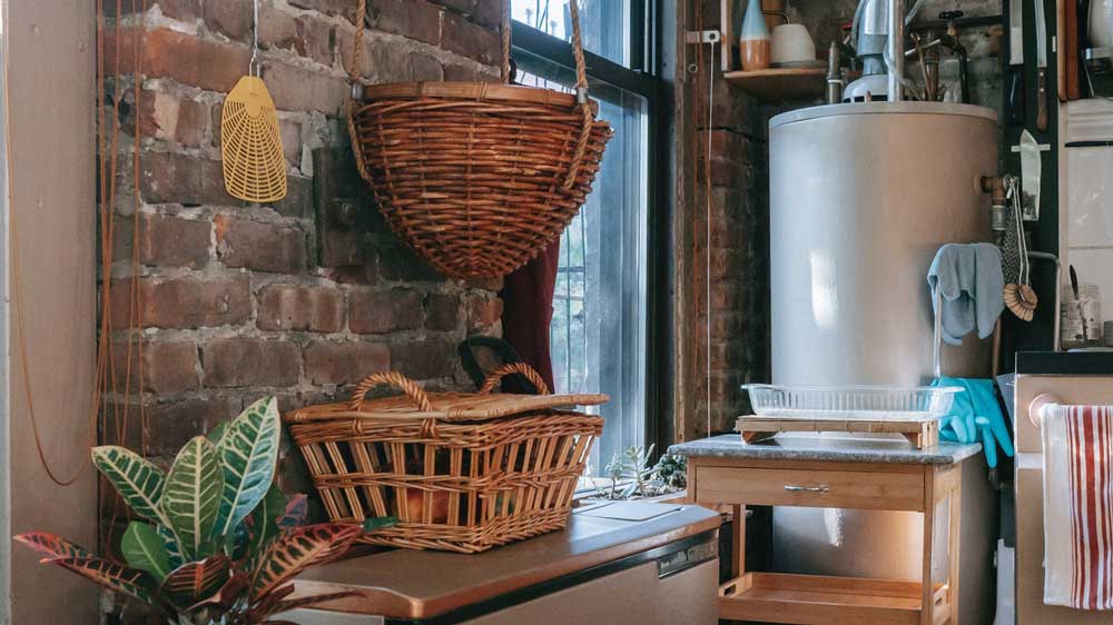 A cluttered kitchen with an exposed water heater